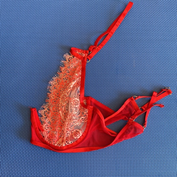 ❤️Red Lace Sexy 36 C/D ❤️Lingerie Bra Floral Transparent - Picture 7 of 11
